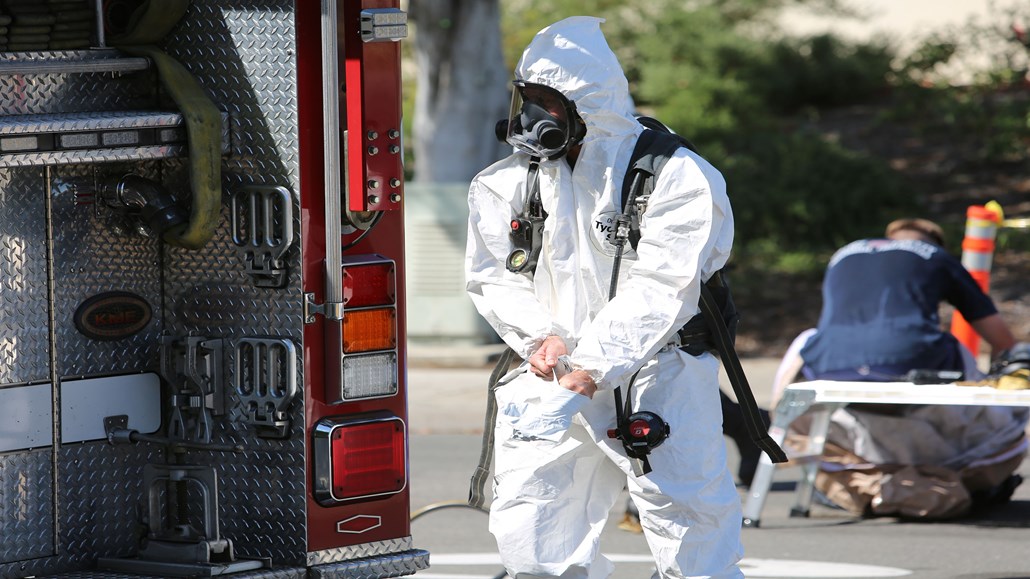 man wearing a hazmat suit